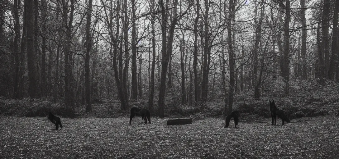 Prompt: church in the wood, black wolf guarding, pinhole analogue photo quality, monochrome, blur, unfocus, cinematic, 35mm