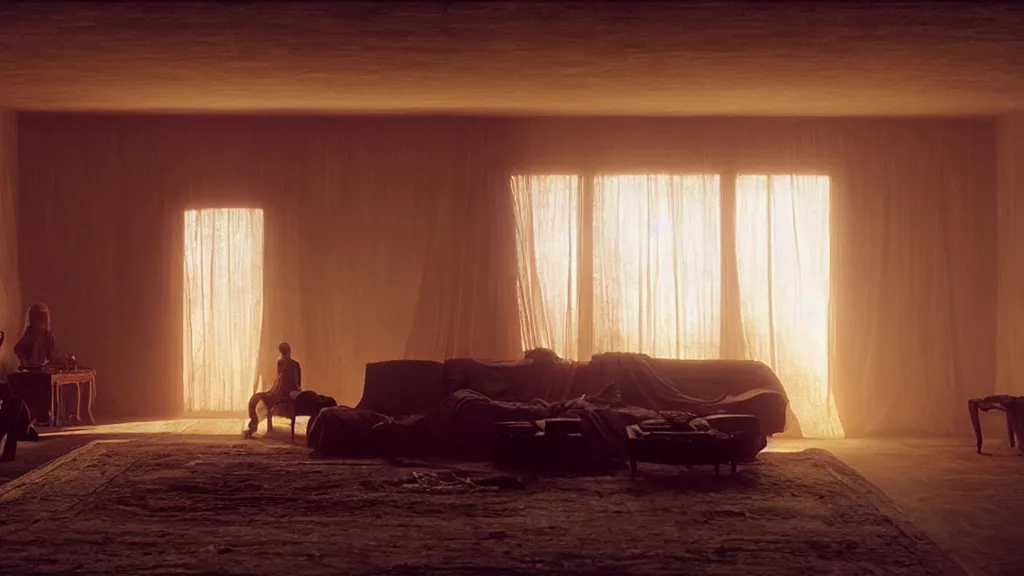 Prompt: the longest living room in the world, film still from the movie directed by Denis Villeneuve with art direction by Zdzisław Beksiński, golden hour