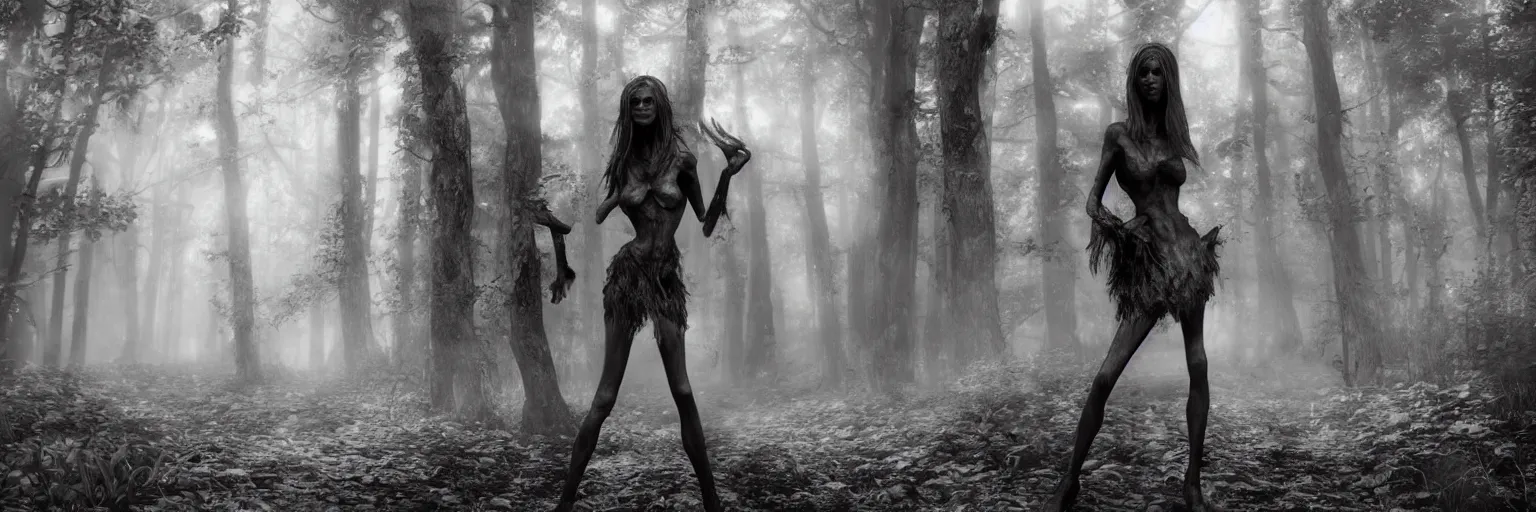 Image similar to epic fantasy render of a skinny witch girl body, no dress, long dark hairs, posing, woods, black and white, highly detailed, cinematic, hyperrealism, dynamic lighting, up light, octane render