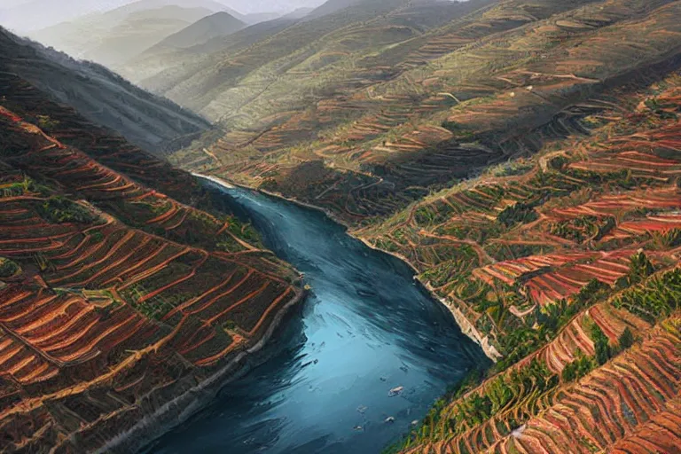 Image similar to douro valley, highly detailed, digital painting, art by artgerm and greg rutkowski