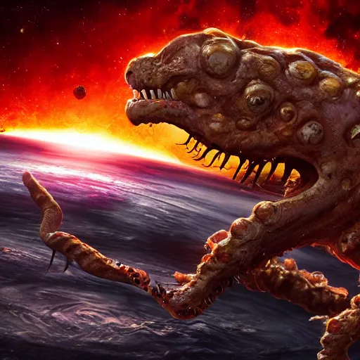 Image similar to eldritch horror bloody garfield in space, hd, 8 k, giant, epic, realistic photo, unreal engine, stars, prophecy, powerful, cinematic lighting, destroyed planet, debris, violent, sinister, ray tracing, dynamic, epic composition, dark, horrific, teeth, grotesque, monochrome drawing, hellscape