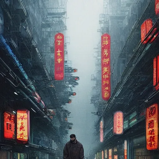 Image similar to a thousand sentient creatures covered in mountains and clouds. style of blade runner 2 0 4 9. i can understand why. a full length portrait of a spotless mind controlled, cyberpunk chinese street, by grosnez zak and