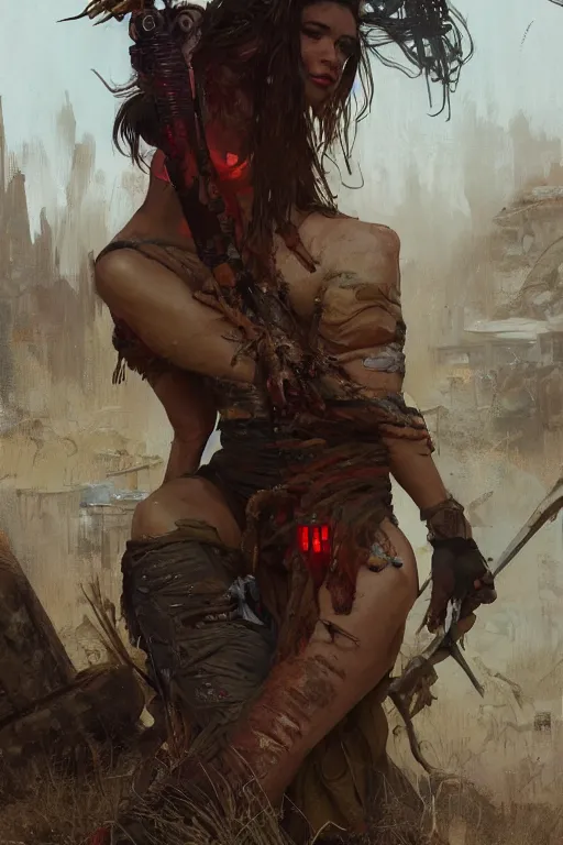 Prompt: a full body portrait of a beautiful post apocalyptic offworld butchers district bedouin blind pulp fiction scarlet wild rogue barbarian leper begging by the roadside, intricate, elegant, highly detailed, digital painting, artstation, concept art, smooth, sharp focus, illustration, art by krenz cushart and artem demura and alphonse mucha