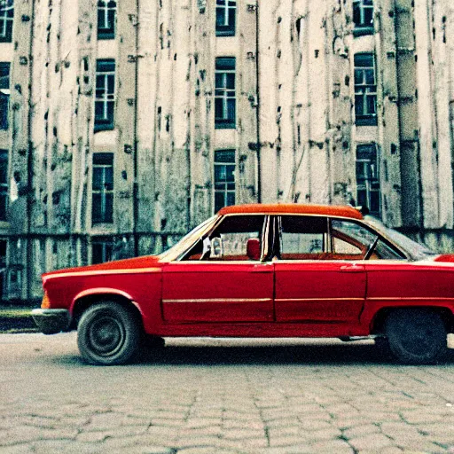 Prompt: low angle shot of right corner of russian car in soviet yard with block of flats, low grain film, masterpiece, blur, in style of william egglestone