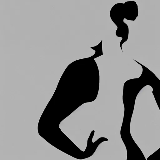 Image similar to a black and white drawing of the silhouette of a woman with long curly in a ponytail hair using a dress