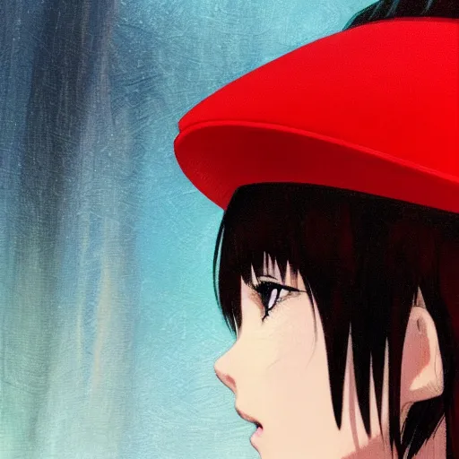 Image similar to manga girl in a red hat, fine - face, audrey plaza, realistic shaded perfect face, fine details. anime. realistic shaded lighting poster by ilya kuvshinov katsuhiro otomo ghost - in - the - shell, magali villeneuve, artgerm, jeremy lipkin and michael garmash and rob rey