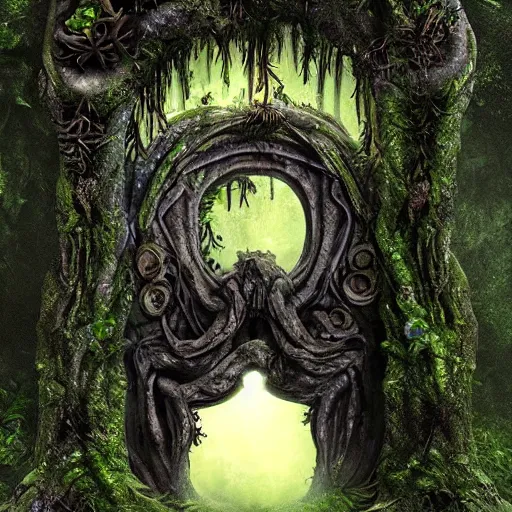 Prompt: horrific portal to hades embedded in a creepy tree in a densely overgrown, sombre, magical jungle, fantasy, dreamlike sunraise, ultra realistic, atmospheric, stopped in time, epic