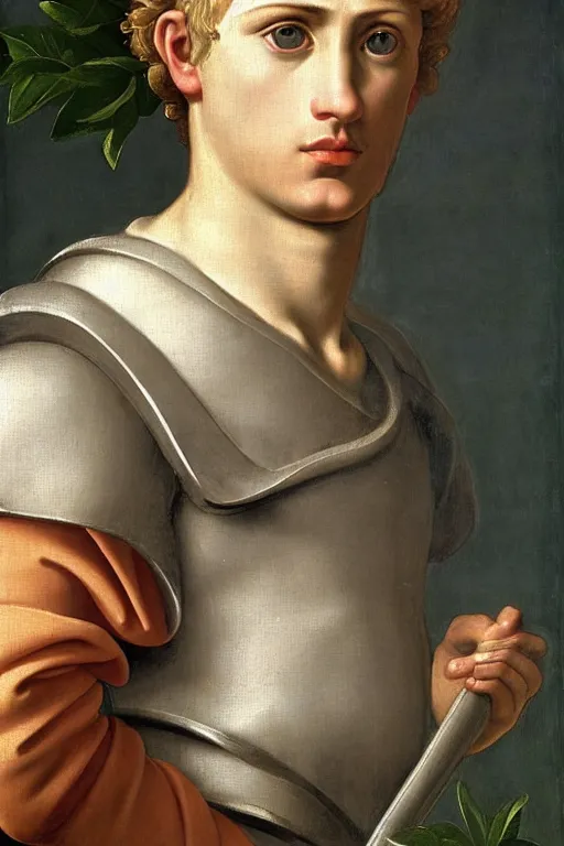 Image similar to renaissance painting of man, short blonde hair, thoughtful face, emotions closeup, dressed in roman armour, the beautiful garden with olive leaves, ultra detailed, art by Guido Reni style, Vincenzo Catena style