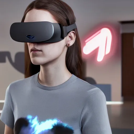 Image similar to young female wearing oculus quest 2, highly detailed digital painting hyperrealism ray tracing cinematic