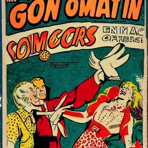 Prompt: Ostrich-man, golden age comic book cover illustration