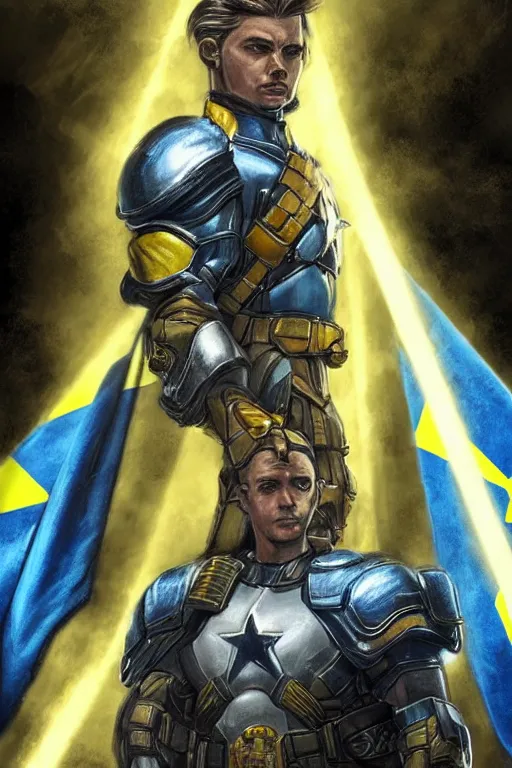 Image similar to a hyper realistic picture of a super soldier with a Ukrainian blue and yellow stripes flag standing in the beam of light from the clouds on a pile of skulls as a winner, masculine figure, D&D, fantasy, intricate, elegant, highly detailed, digital painting, artstation, concept art, matte, sharp focus, symmetrical, illustration, art by Artgerm and Greg Rutkowski and Alphonse Mucha