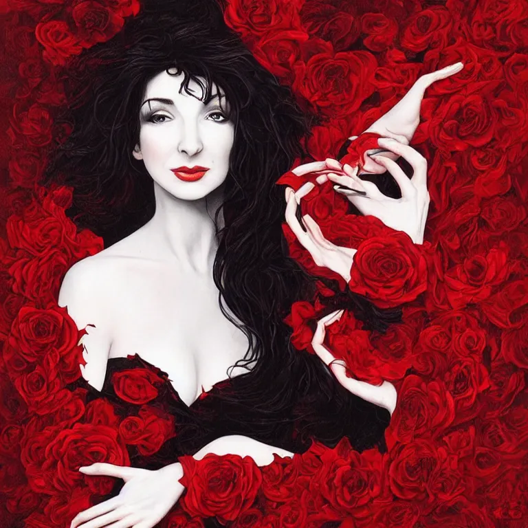 Prompt: portrait of kate bush, lush black hair, pale skin, red rose petals, flowing material, ruffled velvet background, intricate, beautiful cinematic lighting, stuning painting by artgerm and android jones