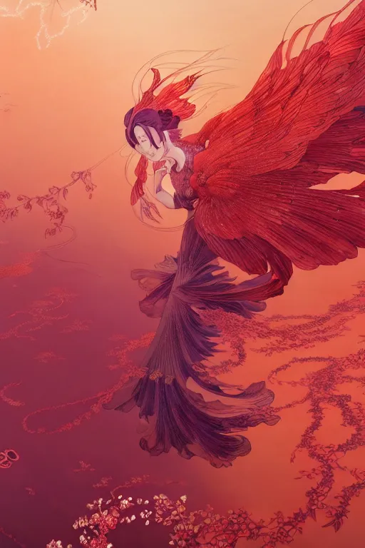 Image similar to a beautiful exquisite delicate hyperdetailed character design 4 k wallpaper illustration of a huge reddish phoenix, victo ngai style, from china, style of studio ghibli, makoto shinkai, raphael lacoste, louis comfort tiffany, denoise, deblurring, artgerm, xision, james jean, ross tran, chinese style