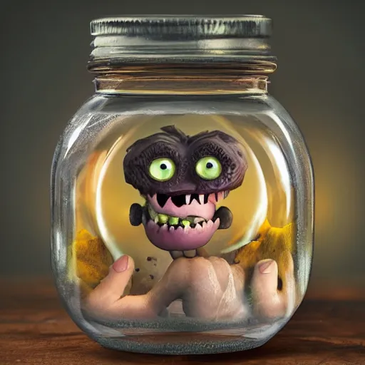 Prompt: cute monster in a jar by Greg Rutkowski, product photography, centered, studio lightning