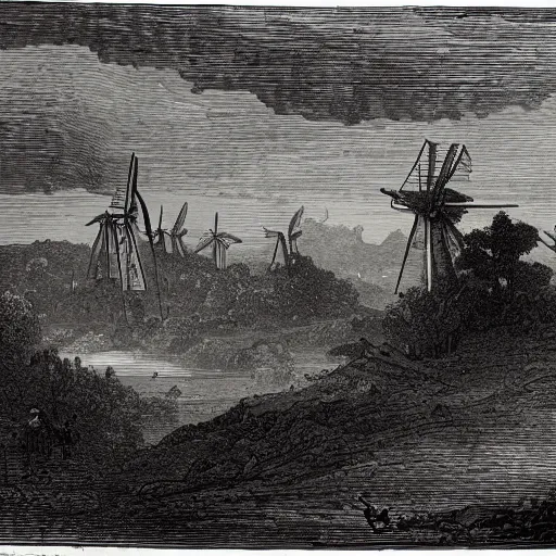 Prompt: landscape with windmills, gustave dore engraving