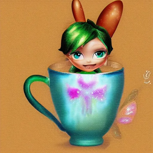 Image similar to detailed 4k UHD digital painting of chibi Tinkerbell in a coffee cup hungover with heavy eyeliner wearing a towel