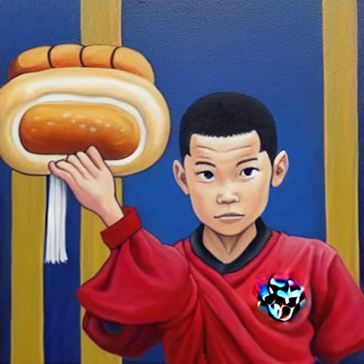 Image similar to a painting portrait of the last airbender in an arsenal jersey holding a hot dog,