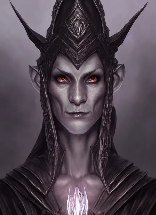 Image similar to legendary creepy dark elf wizard, highly detailed, d & d, fantasy, highly detailed, digital painting, trending on artstation, concept art, sharp focus, illustration, global illumination, ray tracing, realistic shaded, art by artgerm and greg rutkowski and fuji choko and viktoria gavrilenko and hoang lap