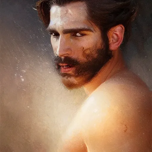 Prompt: handsome portrait of a young hairy guy fitness posing, war hero, lanky, radiant light, caustics, reflective, by gaston bussiere, bayard wu, greg rutkowski, giger, maxim verehin