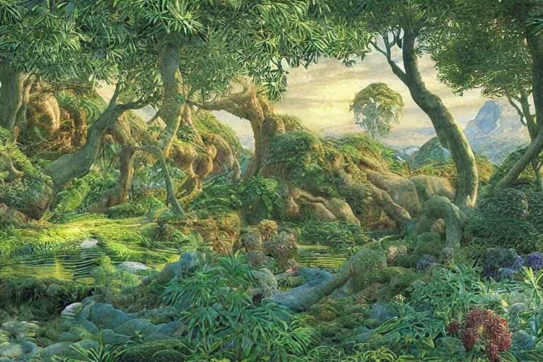 Prompt: hyperdetailed painting of the garden of eden, epic, rendered in octane, painted by alan lee, moebius, giovanni ghisolfi and jan baptist