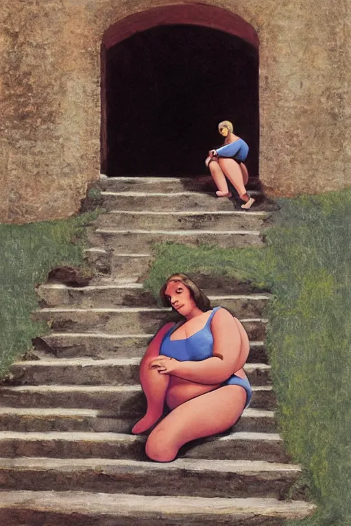 Prompt: plus - sized woman sitting on the stairs of a medieval building, summer, nature, natural light, forest setting, 1 9 6 0 s art, neo - renaissance, pop art, mixed media, by tom wesselman, by mel ramos, by martial raysse, by antonello de messina, by jim silke