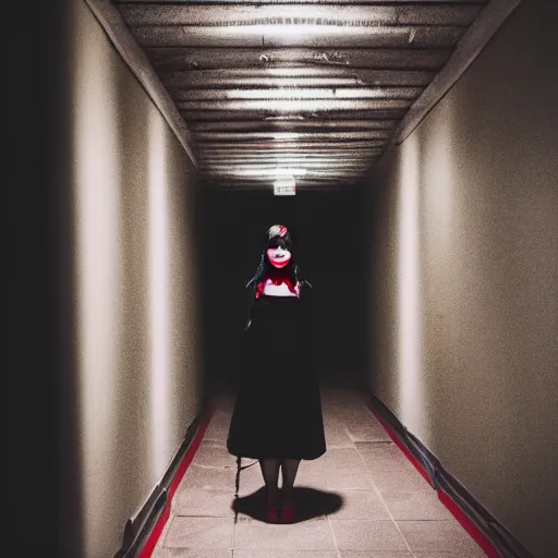 Image similar to woman with long black hair and red eyes standing in a dark hallway, wearing a red dress, 8k, photography, professional, cinematic lighting, film, high quality, depth of field, dark colors,