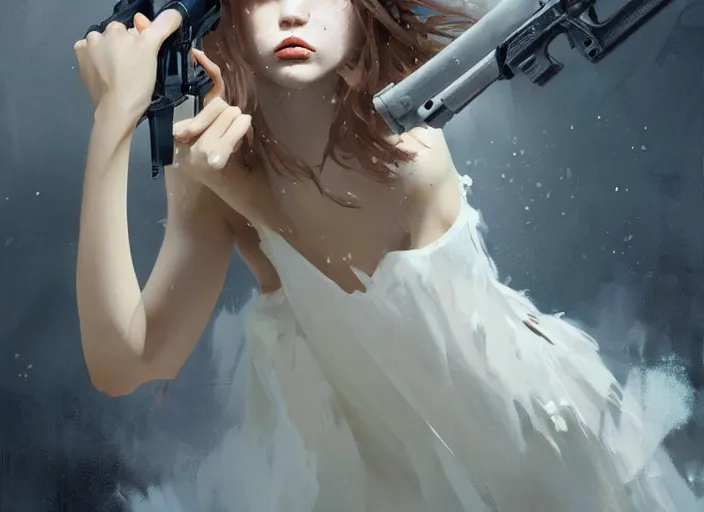 Image similar to white dress girl chasing from crazy grim reaper, holding a gun, messy hair, messy lines, scared face, beautiful and aesthetic and attractive and detailed face, dramatic situation, specular reflection, occlusion shadow, intricate, bokeh, box offic hit, masterpiece, by ilya kuvshinov and jeremy lipking and quentin mabille