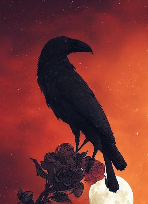 Prompt: moon is important, red and golden color details, portrait, A crow with red eyes in front of the full big moon, book cover, red roses, red white black colors, establishing shot, extremly high detail, foto realistic, cinematic lighting, by Yoshitaka Amano, Ruan Jia, Kentaro Miura, Artgerm, post processed, concept art, artstation, raphael lacoste, alex ross, portrait, A crow with red eyes in front of the full big moon, book cover, red roses, red white black colors, establishing shot, extremly high detail, photo-realistic, cinematic lighting, by Yoshitaka Amano, Ruan Jia, Kentaro Miura, Artgerm, post processed, concept art, artstation, raphael lacoste, alex ross