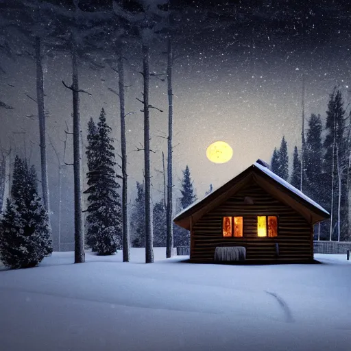 Image similar to Cabin in the woods, photorealistic, nighttime, bright moon, snow, snowy trees, snow storm, Lights from inside the house, raytracing, godrays, smokey chimney, cozy, forest, trees, extremely-detailed digital art, Trending on art station, 8k