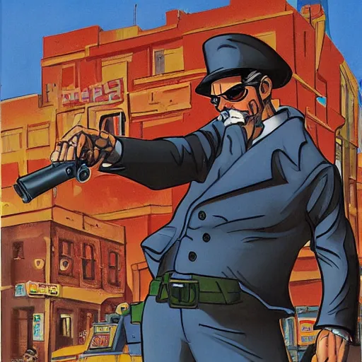 Image similar to detective pointing gun at camera, city street, artwork by ralph bakshi