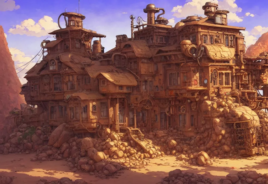 Prompt: an old steampunk house in a desert with piles of rocks in the background, intricate oil painting, high detail illustration, sharp high detail, manga and anime 1 9 9 9, official fanart behance hd artstation by jesper ejsing and makoto shinkai, 4 k,