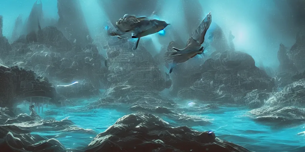 Prompt: civilization underwater created by orcas, submerged city made with coral and rock by killer whales, fantasy scifi illustration
