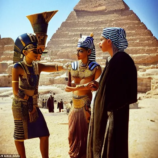 Prompt: a rare candid scene taken of the actors playing young nefertiti and tutankhamun both in non royal attire at the construction of the khufu pyramid talking to workers from the latest award winning christopher nolan film'before they were pharohes ', dslr