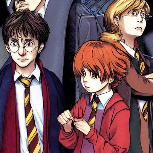 Image similar to Harry Potter, Ron Weasley, Hermione Granger, anime by Katsuhiro Otomo