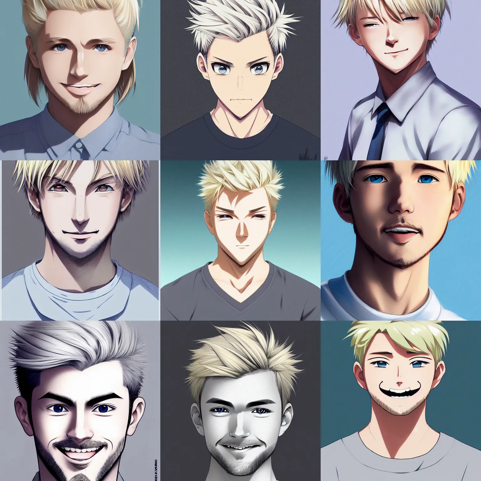 Prompt: A medium shot anime portrait of a smiling anime man with very short blonde hair, light grey-blue eyes, blonde hair, short blonde and white facial hair, medium shot portrait, his whole head fits in the frame, solid color background, flat anime style shading, head shot, 2d digital drawing by Stanley Artgerm Lau, WLOP, Rossdraws, James Jean, Andrei Riabovitchev, Marc Simonetti, and Sakimi chan, trending on artstation