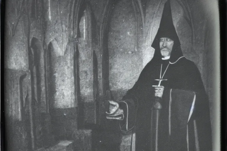 Image similar to dark old polaroid of an medieval bishop, wide angle