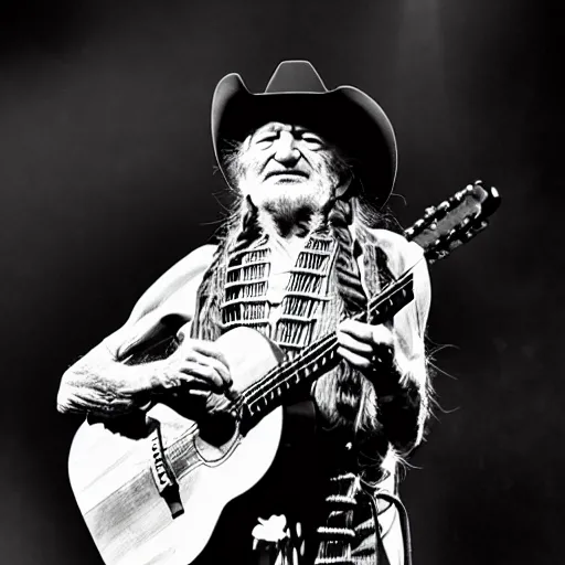 Prompt: willie nelson on stage, four fingers holding guitar. god rays through fog. black and white photo