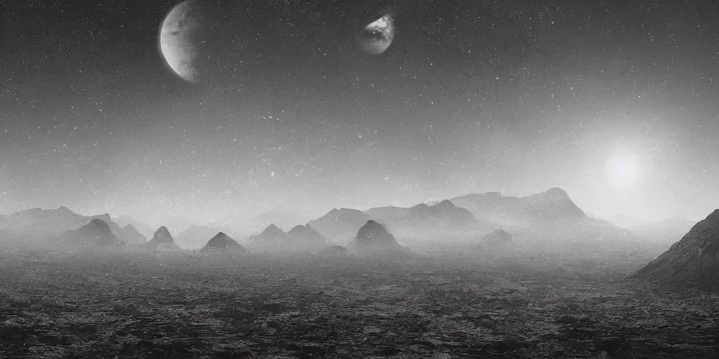 Image similar to an alien world landscape, black and white old photograph
