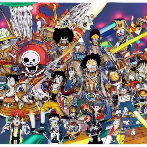 Prompt: a high detalied color splashpage artwork of a group of mechas controled by young manga characters, drawed by Eiichiro Oda, one piece