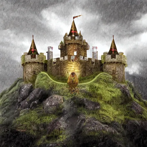 Image similar to Giant castle surrounded by an army while king looks on from top, overhead perspective, cloudy and rainy day, 4k digital art