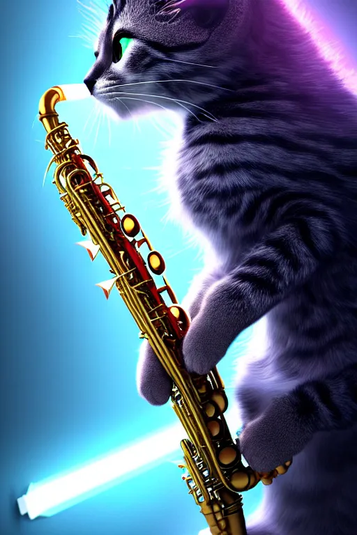 Image similar to high quality 3 d render very cute cyborg cat plays saxophone, cyberpunk highly detailed, unreal engine cinematic smooth, in the style of blade runner & pixar, hannah yata charlie immer, moody light, low angle, uhd 8 k, sharp focus