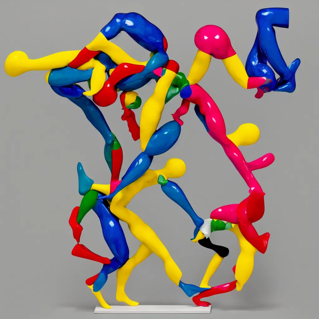 Image similar to kinetic sculpture of the two humans bodies collapsing each other, colorful, contemporary art, masterpiece, peaceful, romantic, geometric, symetrical, symetrical composition by Koons