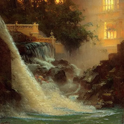 Image similar to waterfall flooding an entire city. victorian age. highly detailed painting by gaston bussiere, craig mullins, j. c. leyendecker