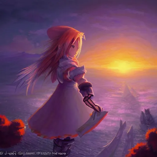 Image similar to painting of vivi!!!!!!!! from final fantasy 9!!!!!, watching a purple and orange sunset!!, from the black mage cemetery!!!, in the style of justin gerard!!!!