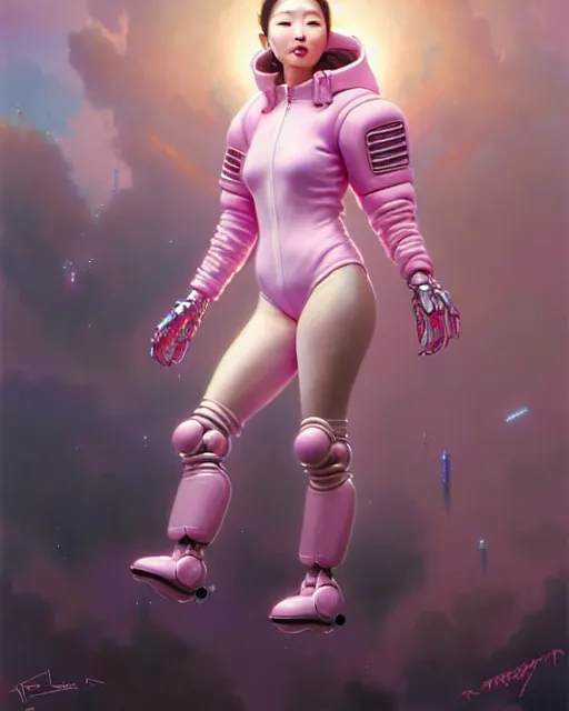 Image similar to beautiful fantasy character portrait, roseanne park, wearing pink puffy bomber jacket with leotard, futuristic robots, ultra realistic, dramatic lighting, robots, the fifth element artifacts, highly detailed by peter mohrbacher, hajime sorayama, wayne barlowe, boris vallejo, aaron horkey, gaston bussiere, craig mullins