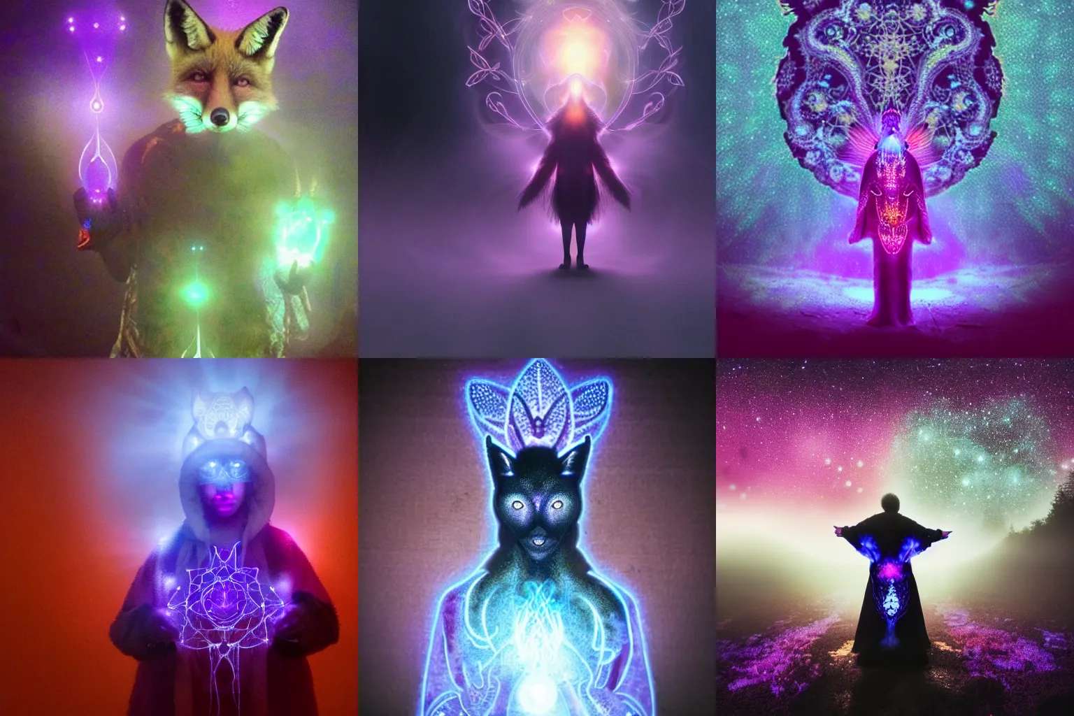 Prompt: Kirlian photo of fox shaman with mystical aura, visually appealing aesthetic within the foggy atmosphere