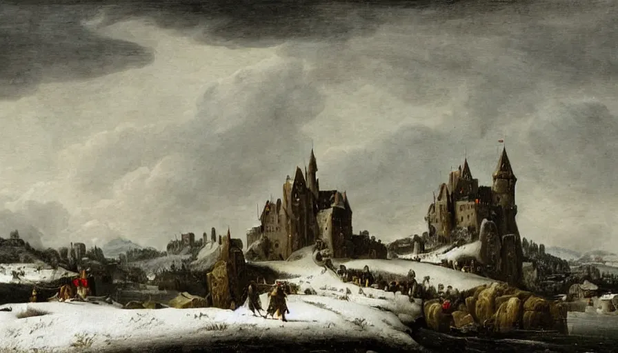 Prompt: huge castle upon a hill covered in snow with a dark cloudy stormy sky, striking landscape, dramatic scene during the first anglo - dutch war painted by jan beerstraaten