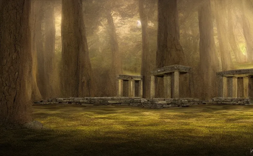 Prompt: incredible wide shot of the interior of a neolithic temple in the forest, dusk, light fog, digital art