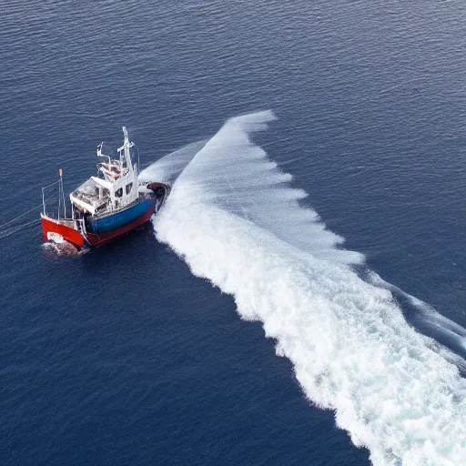 Prompt: realistic aerial drone shot of British fishing trawler