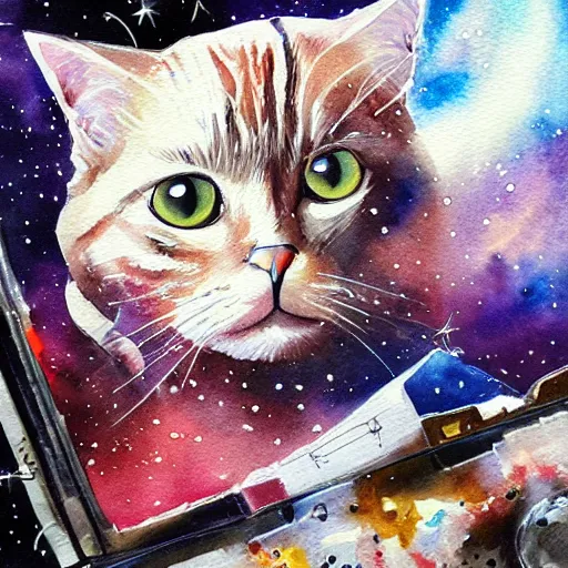 Image similar to cat doing mathematics in space. cat doing mathematics in space. watercolor. amazing painting. high resolution. highly realistic. cool tones. close - up. 8 k. trending on artstation.